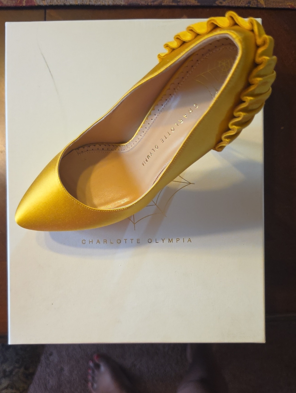 Charlotte Olympia Yellow Satin Ruffle-Back Pointed Pump